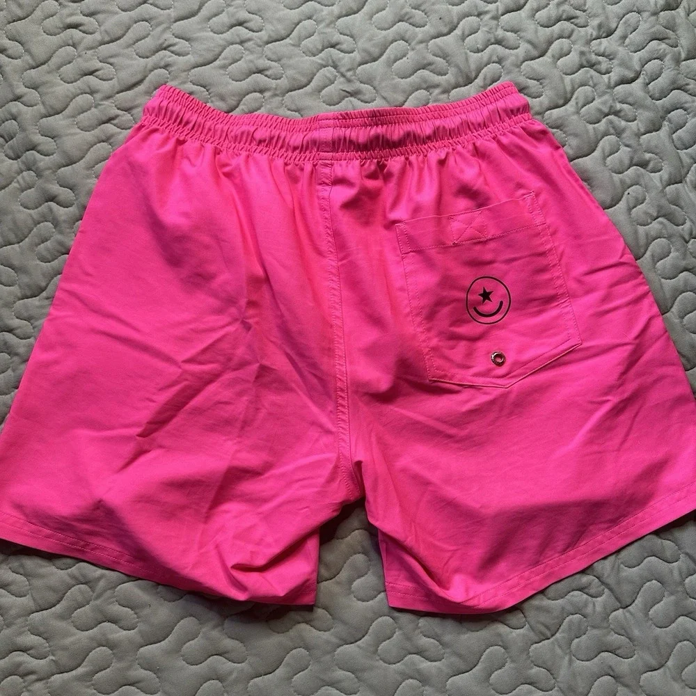 Bang Miami Swim Shorts Small Neon Pink Mens Logo Happy Face Drawstring Waist